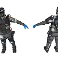 Game and Movie Character With Tactical Armor Helmet Backpack Front Back View