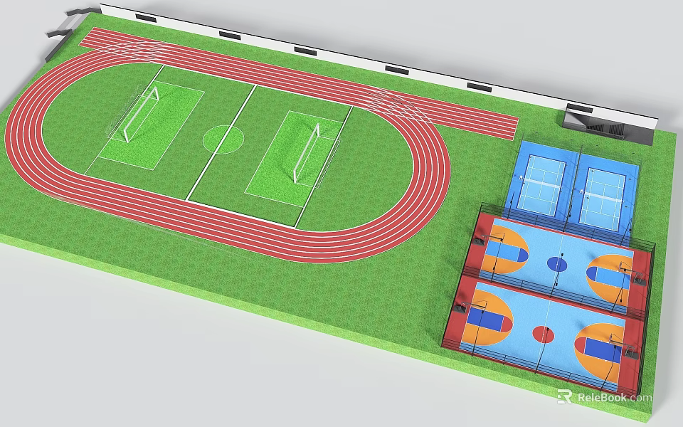 Green Turf Football Field With Red Running Track And Adjacent Blue Orange Basketball Courts 3d model 