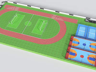 Green Turf Football Field With Red Running Track And Adjacent Blue Orange Basketball Courts 3d model