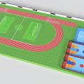 Green Turf Football Field With Red Running Track And Adjacent Blue Orange Basketball Courts