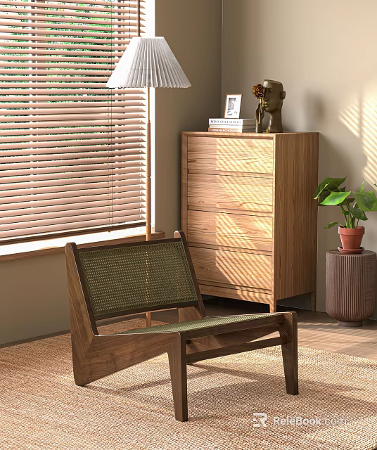 Cozy Wooden Accent Chair With Green Woven Seat And Potted Plant Near Dresser 3d model 