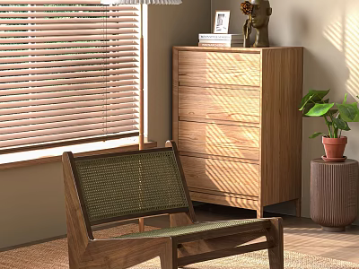 Cozy Wooden Accent Chair With Green Woven Seat And Potted Plant Near Dresser 3d model