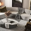 Modern Gray Sofa And Marble Coffee Table With Round Rug And Accent Pillows