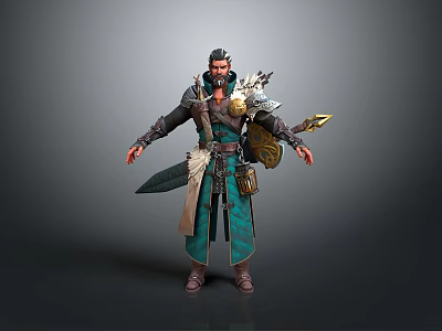 A Man In Medieval Style Green And Brown Outfit With Feather Decorations Sword And Shield 3d model