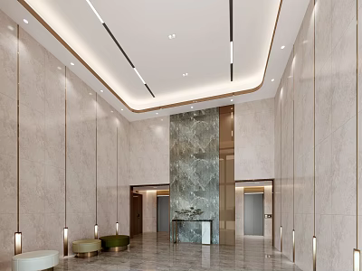 Modern Elevator Lobby Interior With Marble Walls Ceiling Strip Lights Decorative Feature And Polished Flooring 3d model
