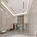 Modern Elevator Lobby Interior With Marble Walls Ceiling Strip Lights Decorative Feature And Polished Flooring
