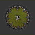 Spiked Circular Weapon With Green Surface Metal Spikes And Central Symbol