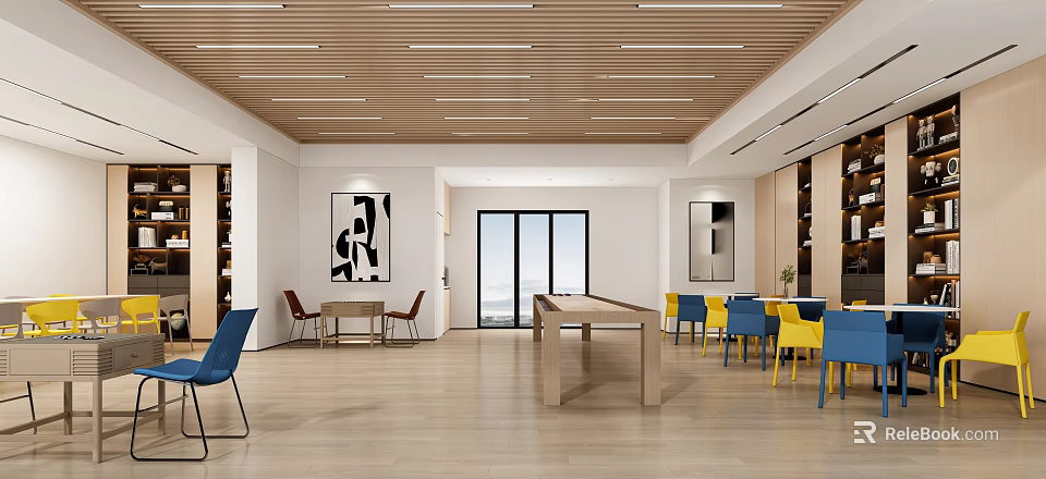 Modern Lounge Area Interior With Wooden Ceiling Colorful Chairs And Open Space Artwork 3d model 