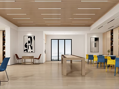 Modern Lounge Area Interior With Wooden Ceiling Colorful Chairs And Open Space Artwork 3d model
