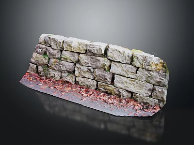 Rustic Natural Stone Wall with Wooden Elements and Scattered Autumn Leaves 3d model