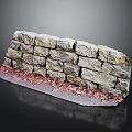 Rustic Natural Stone Wall with Wooden Elements and Scattered Autumn Leaves