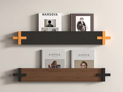 Modern Two Tiered Black Wooden Bookshelf With Orange Accents And MARGOVA KINFOLK Books 3d model