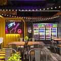 Modern Industrial Restaurant Interior With Graffiti Walls Metal Tables And Neon Lights