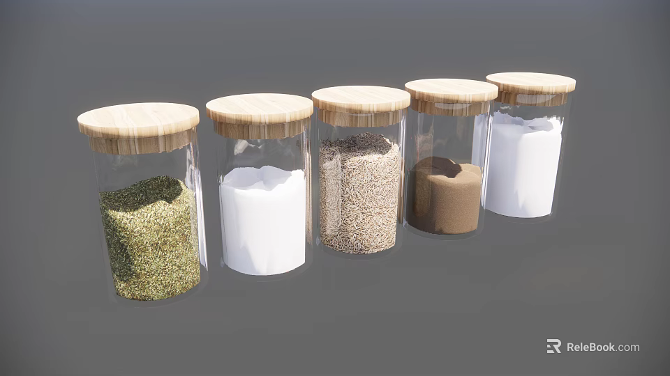 Clear Glass Spice Jars with Wooden Lids for Various Kitchen Spices Storage 3d model 