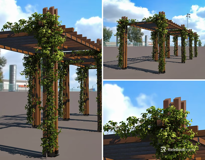 Wooden Outdoor Pergola With Climbing Vines And Support Columns In Garden 3d model 