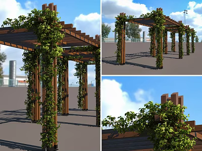 Wooden Outdoor Pergola With Climbing Vines And Support Columns In Garden 3d model