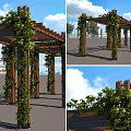 Wooden Outdoor Pergola With Climbing Vines And Support Columns In Garden