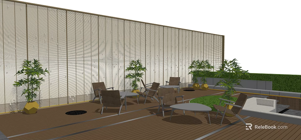 Modern Garden Landscape With Outdoor Seating Green Plants Wooden Flooring And Louvered Wall 3d model 