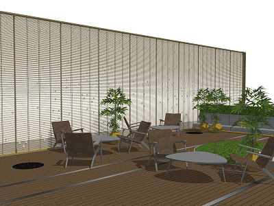 Modern Garden Landscape With Outdoor Seating Green Plants Wooden Flooring And Louvered Wall 3d model