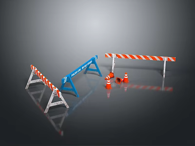 Construction Site Safety Setup With Blue Barriers Orange Cones And Red White Striped Boards 3d model