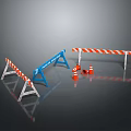 Construction Site Safety Setup With Blue Barriers Orange Cones And Red White Striped Boards
