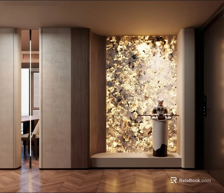 Luxurious Entryway Hallway With Glittering Decorative Wall Pedestal Sculpture And Herringbone Wooden Floor 3d model 