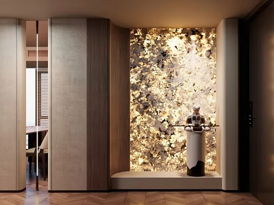 Luxurious Entryway Hallway With Glittering Decorative Wall Pedestal Sculpture And Herringbone Wooden Floor 3d model