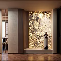 Luxurious Entryway Hallway With Glittering Decorative Wall Pedestal Sculpture And Herringbone Wooden Floor