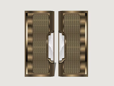 Elegant Bronze Double Doors Featuring Textured Panels And Glass Inserts 3d model