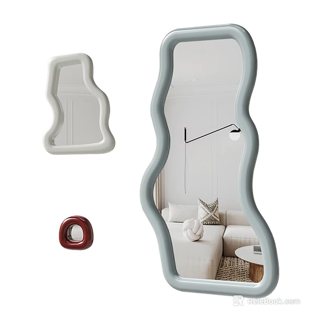Modern Irregular Shape Mirror in Living Room with Sofa and Floor Lamp 3d model 
