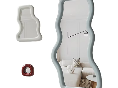 Modern Irregular Shape Mirror in Living Room with Sofa and Floor Lamp 3d model