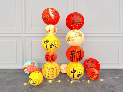 Red Yellow Lanterns With Mid Autumn Fu And String Lights Against White Wall Gray Floor 3d model