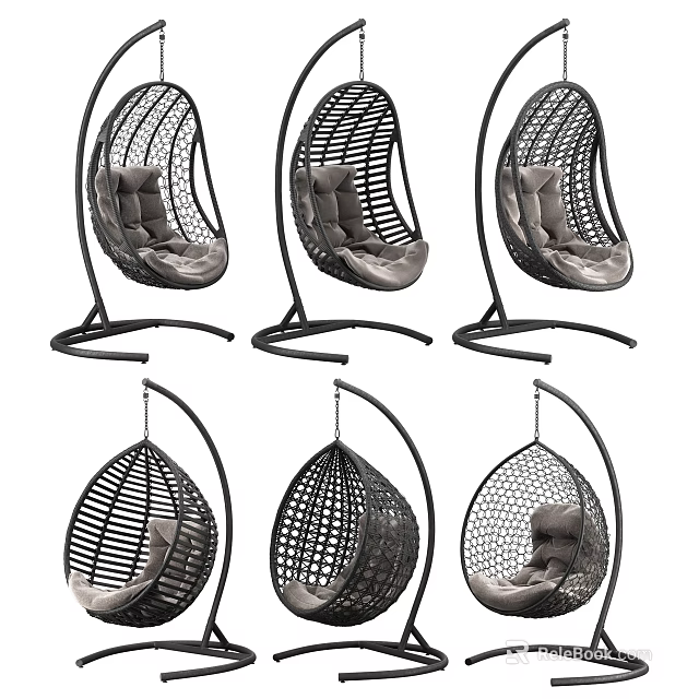 Stylish Rattan Egg Shaped Hanging Chairs With Black Frame And Gray Cushions 3d model 