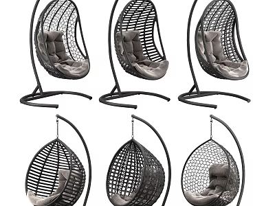 Stylish Rattan Egg Shaped Hanging Chairs With Black Frame And Gray Cushions 3d model