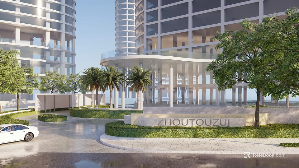 Modern Office Landscape With Tall Buildings Palm Trees And Green Entrance Area 3d model 