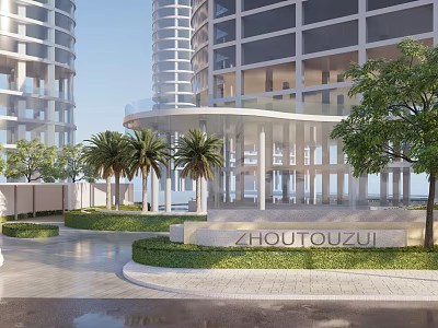 Modern Office Landscape With Tall Buildings Palm Trees And Green Entrance Area 3d model