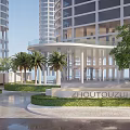 Modern Office Landscape With Tall Buildings Palm Trees And Green Entrance Area