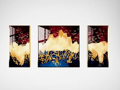 Three Panel Abstract Wall Art With Red Gold Tones Flying Birds And Golden Frames 3d model