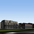 Industrial Factory Building With Red Tower Structure White Buildings Green Lawn And Blue Sky