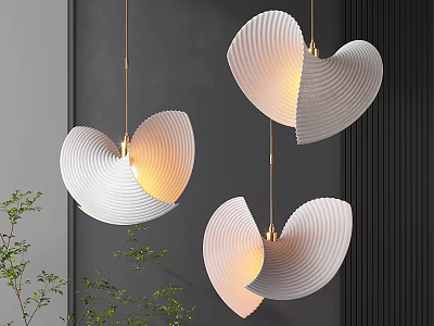 Modern Interior Space With Three White Scalloped Pendant Lights Emitting Warm Glow And Green Plants 3d model