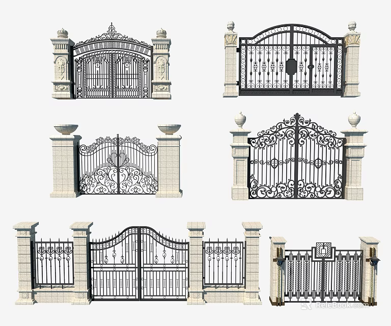 Wrought Iron Entrance Gates With Decorative Pillars And Intricate Carvings Design 3d model 