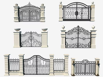 Wrought Iron Entrance Gates With Decorative Pillars And Intricate Carvings Design 3d model