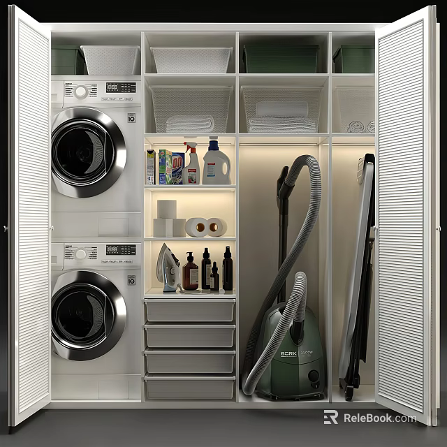 Modern Bathroom Cabinet Rack With Washing Machine Dryer Drawers Vacuum Cleaner And Cleaning Supplies 3d model 