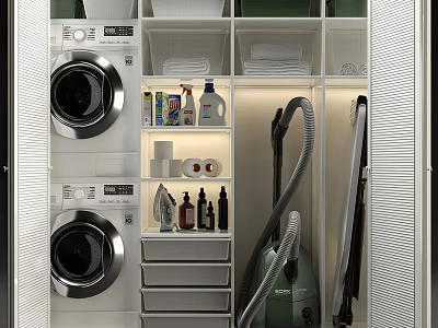 Modern Bathroom Cabinet Rack With Washing Machine Dryer Drawers Vacuum Cleaner And Cleaning Supplies 3d model
