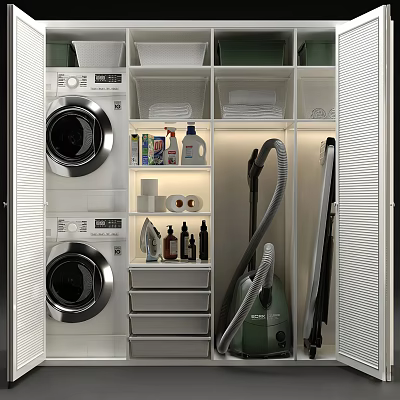 Modern Bathroom Cabinet Rack With Washing Machine Dryer Drawers Vacuum Cleaner And Cleaning Supplies 3d model