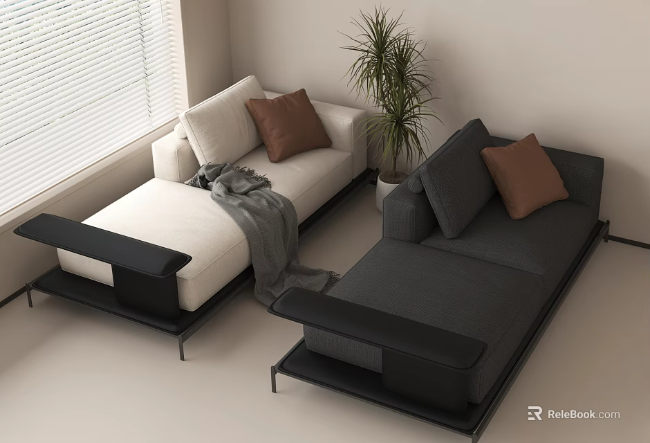 Double Sofas White Dark Gray with Black Frames Brown Cushions Gray Blanket Plant by Window 3d model 