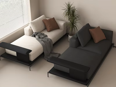 Double Sofas White Dark Gray with Black Frames Brown Cushions Gray Blanket Plant by Window 3d model