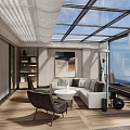 Elegant Sunshade Design For Glass Roof Interior With Modern Furniture And Plants