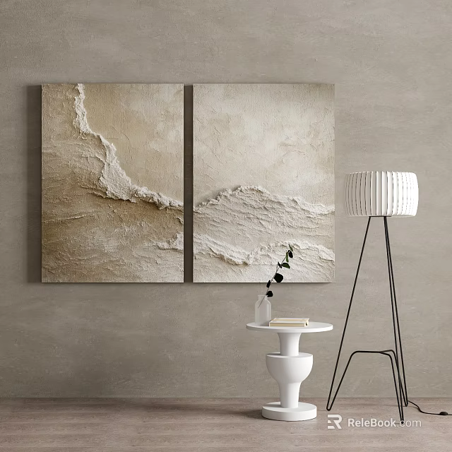 Two Panel Abstract Painting With Neutral Beige Brown Textured Wavy Wall Art Decor 3d model 