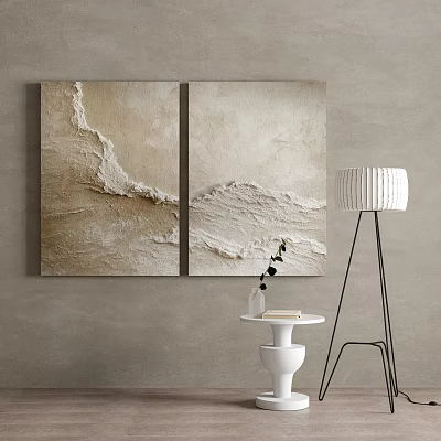 Two Panel Abstract Painting With Neutral Beige Brown Textured Wavy Wall Art Decor 3d model